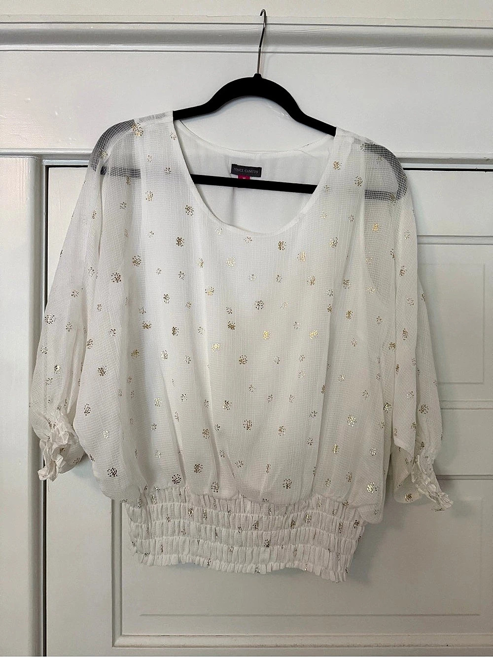 Vince Camuto Foil Dot Smock Waist Top White Size Medium